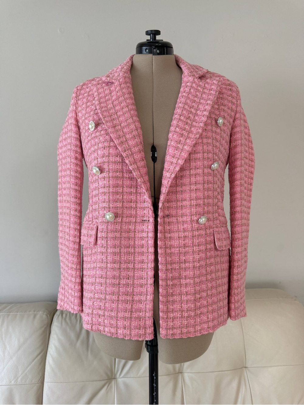 Women's Pink Tweed Double-Breasted Blazer Jacket